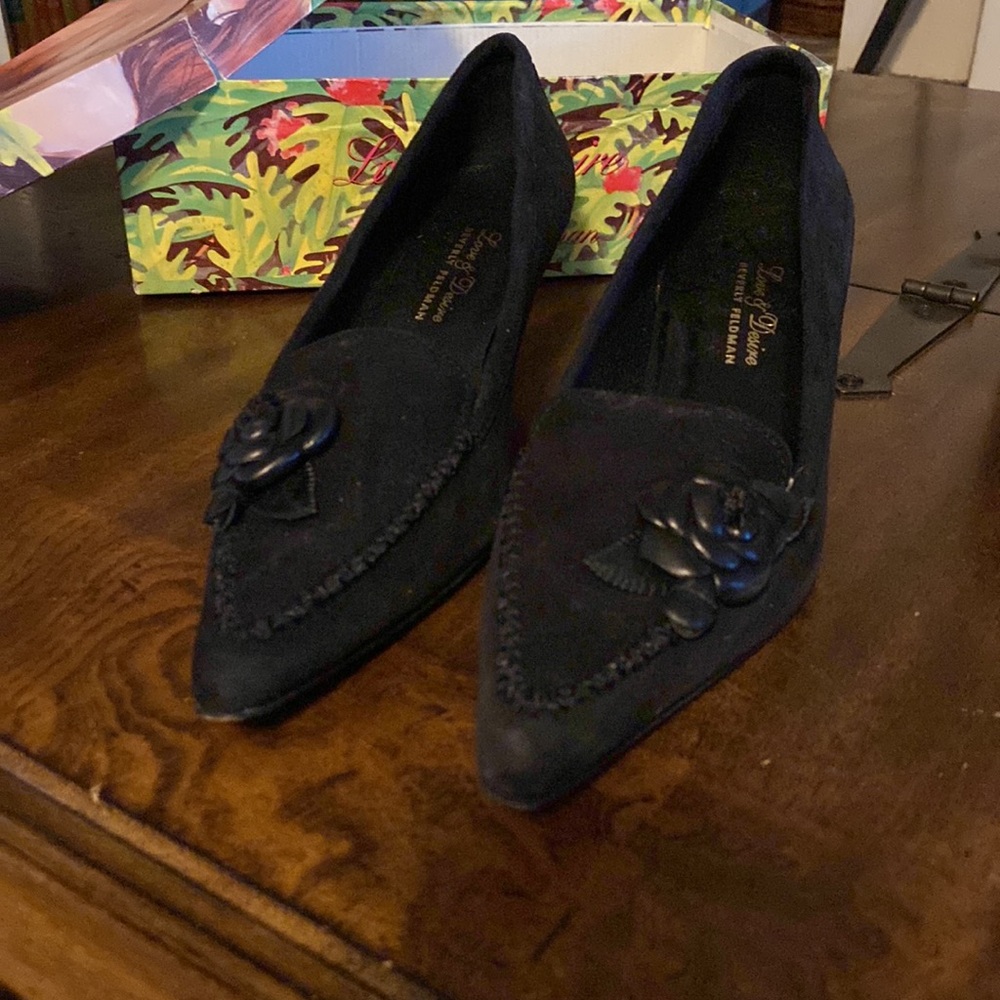 Black suede kitten heels with pointed toes by Beverly Feldman